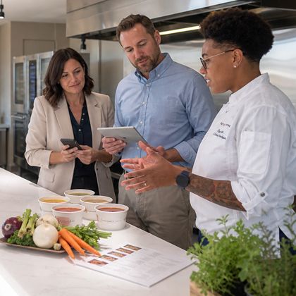 A Kettle Cuisine chef walking two customers through soup samples in the culinary innovation kitchen