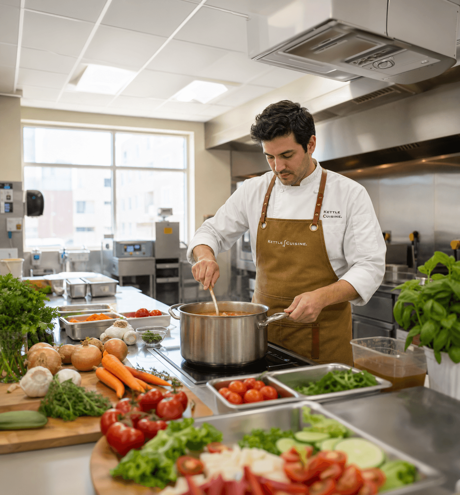 A Kettle Cuisine chef flambéing a pan on the range in the culinary innovation kitchen