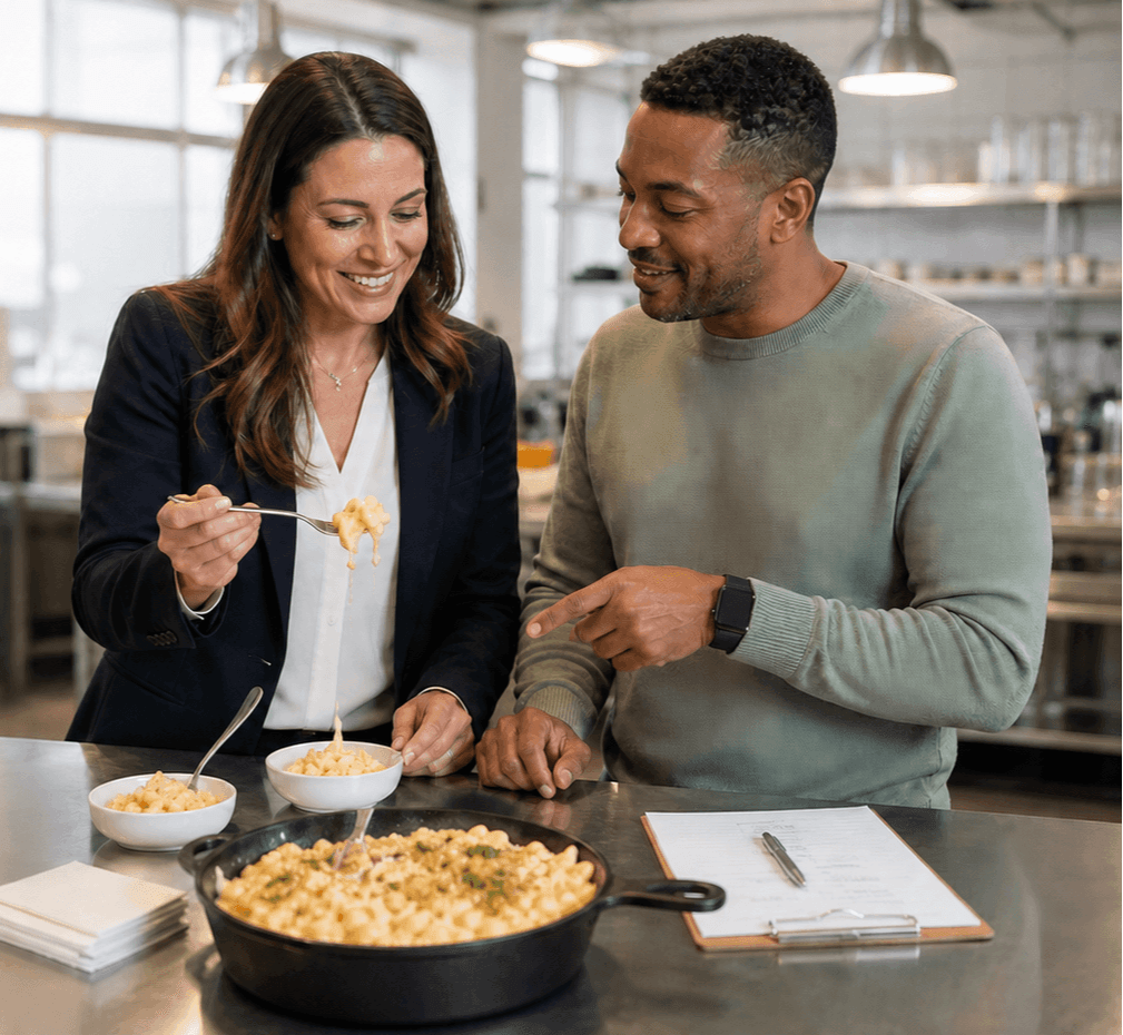 Two Kettle Cuisine chefs presenting a tasting to customers across a prep table