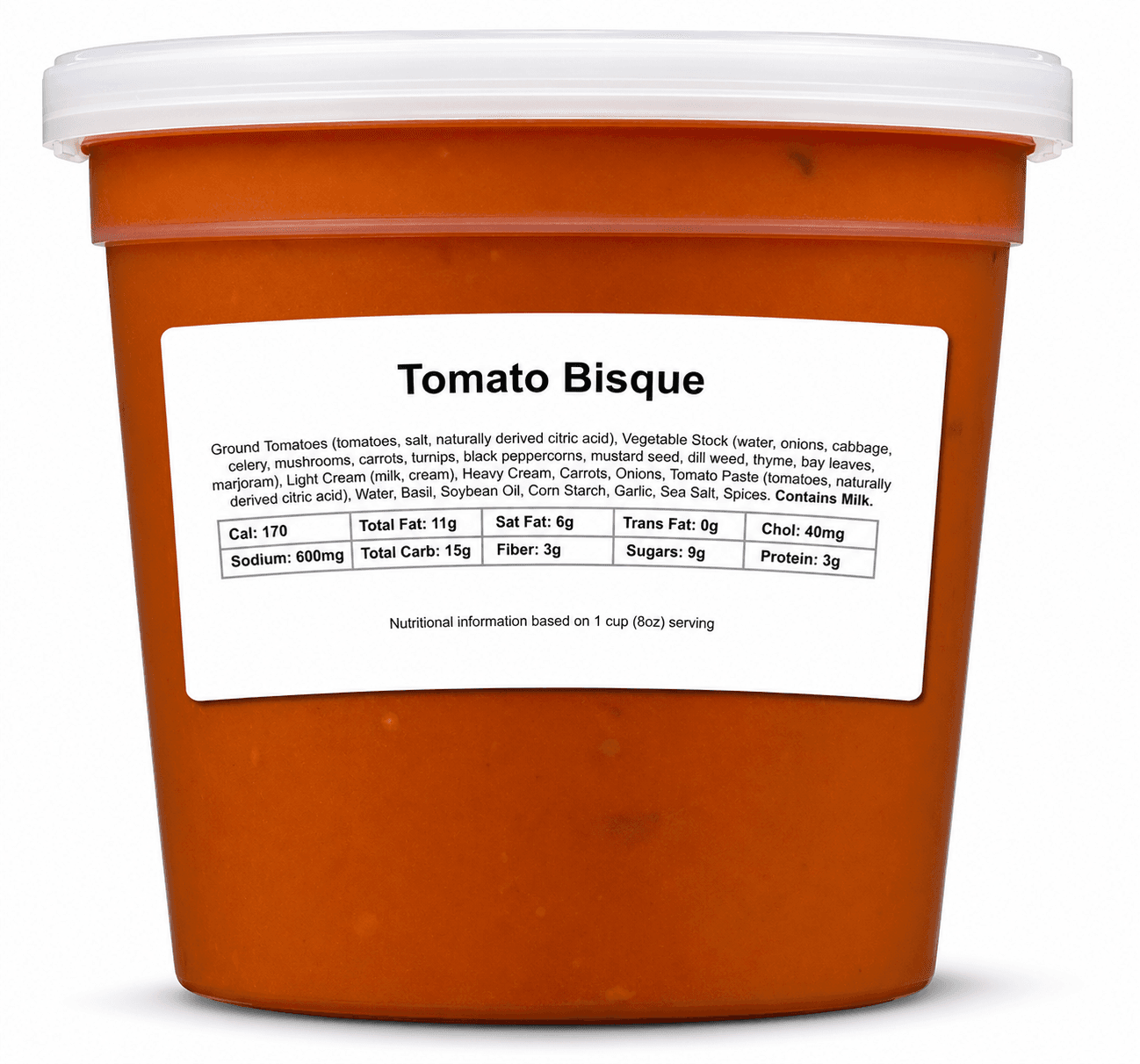 A repackaging label on a tub of Tomato Bisque, listing ingredients and nutrition facts