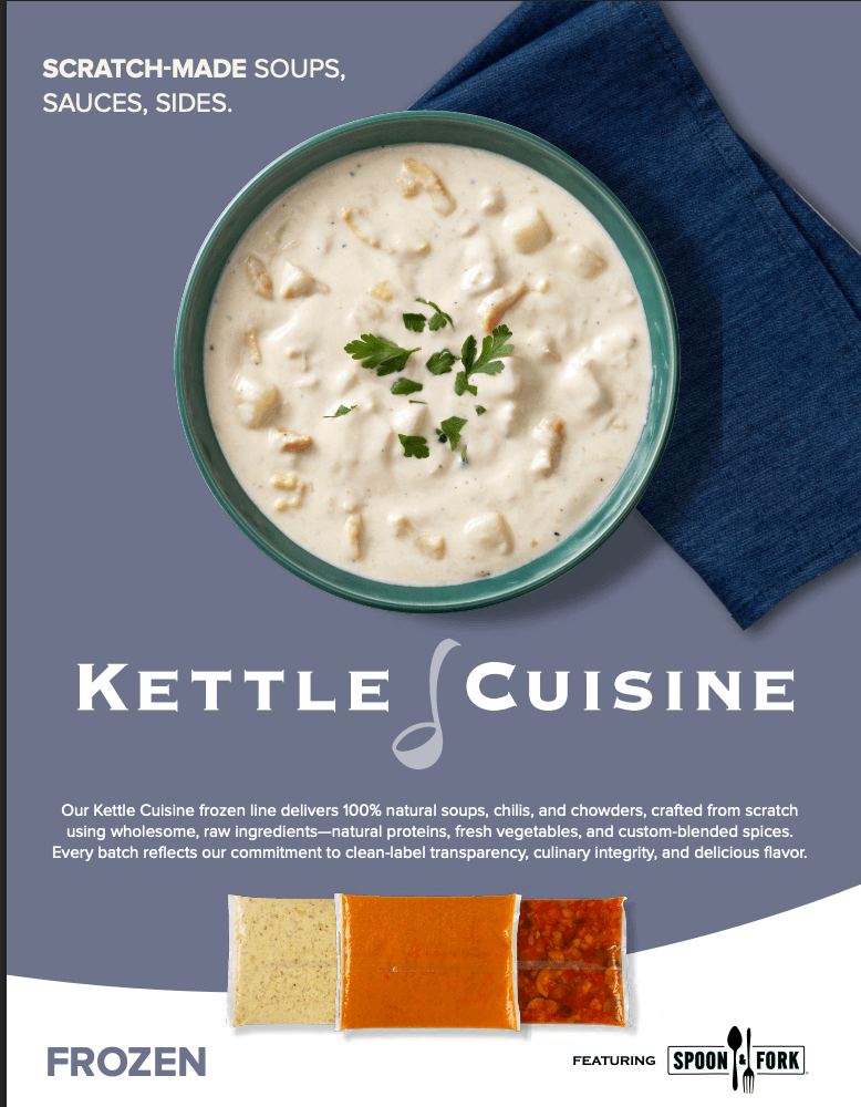 The Kettle Cuisine frozen brand brochure cover, showing a bowl of clam chowder