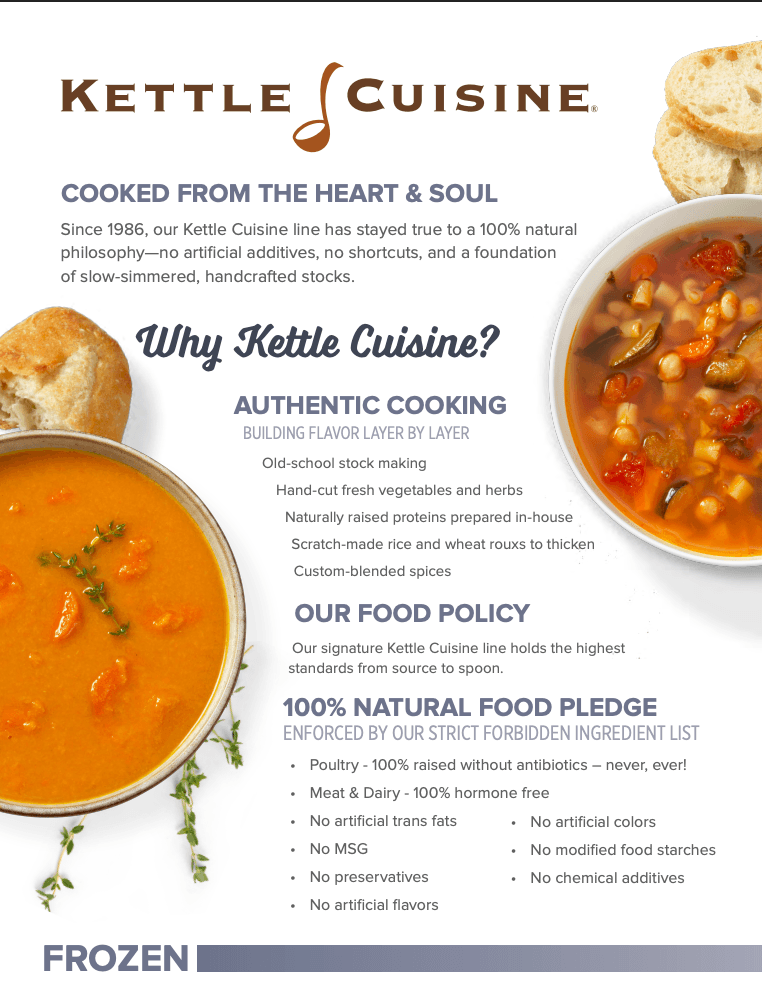 An inside page of the Kettle Cuisine frozen brochure, headed “Cooked from the heart & soul”
