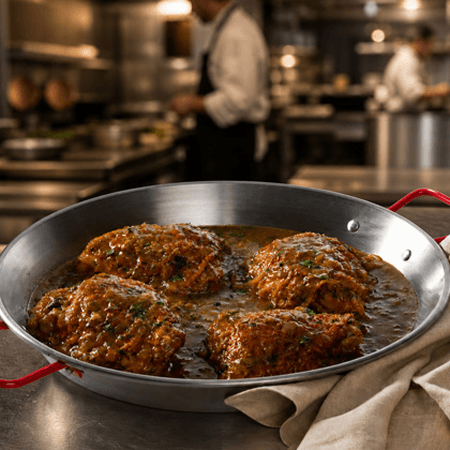 A pan of braised beef patties in pan sauce resting on a counter while chefs work behind