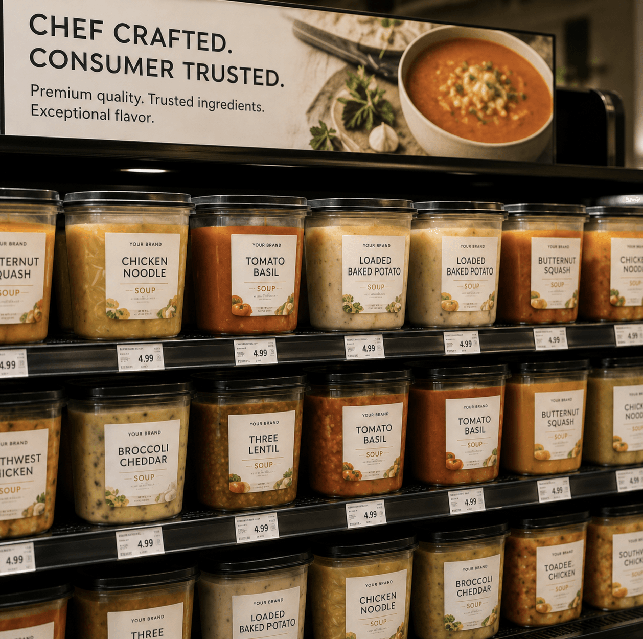 Private brand soup cups filling a refrigerated retail shelf under a chef-crafted, consumer-trusted shelf sign