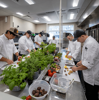 Chefs prepping fresh vegetables along a stainless steel table in the production kitchen