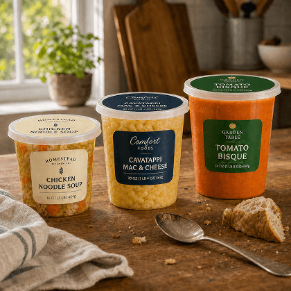 Private brand tubs of chicken noodle soup, cavatappi mac and cheese and tomato bisque on a wooden table
