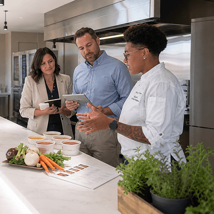 A Kettle Cuisine chef walking two customers through soup samples in the culinary innovation kitchen