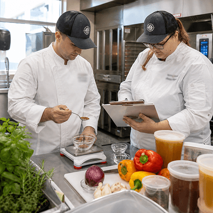 Two chefs weighing and tasting a sauce alongside fresh peppers, herbs and stock in the test kitchen