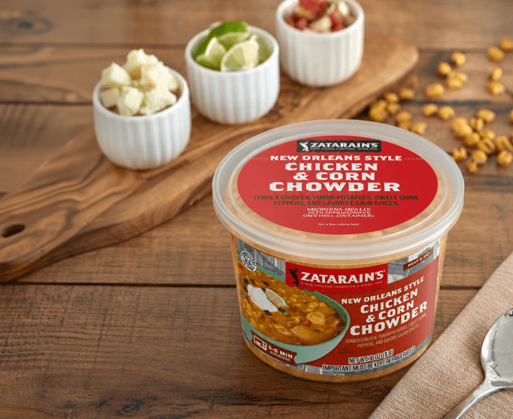 A Zatarain’s New Orleans style chicken and corn chowder container