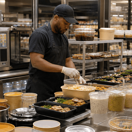 A cook portioning prepared entrées into grab-and-go trays behind a supermarket deli counter