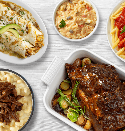 An array of chef-crafted dishes — enchiladas, risotto, pasta, braised short rib and mac and cheese